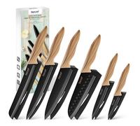 hecef Coffret Couteaux de Cuisine 6 Pièces avec Étuis - Acier Inox Ultra Tranchant, Manche Imitation Bois D’Olivier, Set de Couteaux Chef Professionnels, Antirouille