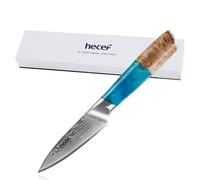 hecef Couteau d’Office Japonais 9 cm, VG10 Damas 67 Couches, Manche Bleu | Manche Résine bleue et bois naturel, HRC 60 ± 2, double mitre, affûtage 12-15°, prise en main précise, coffret cadeau