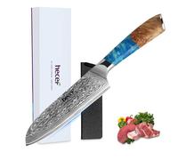 hecef Couteau Santoku Japonais 18 cm, VG10 Damas 67 Couches, avec Étui | 60 ± 2 HRC, manche résine bleu océan et bois naturel, mitre forgée, affûtage 12-15°, Ultra Tranchant, coffret cadeau