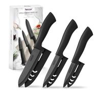 hecef Couteaux de Cuisine en Céramique 3 Pièces avec Étuis, Noir | Set de couteaux en céramique avec couteau chef, universel et d'office, léger pour fruits et légumes