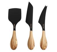 hecef Set de 3 couteaux à fromage, lames inox antiadhésives, manches antidérapants motif bois d’olivier, compatible lave-vaisselle, pour fromages mous et durs, pour plateau apéro/charcuterie
