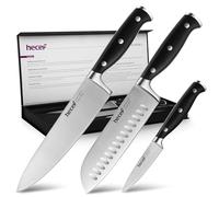 hecef Set de Couteaux Cuisine 3 Pièces, Chef, Santoku et Office en Acier Inoxydable, idéal pour viande, légumes et fruits, cuisine du quotidien