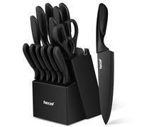 hecef Set de Couteaux de Cuisine 14 Pièces, Bloc Aiguiseur Intégré, Noir | Acier inoxydable, revêtement antiadhésif, manches ergonomiques, gain de place, idéal pour équiper une première cuisine