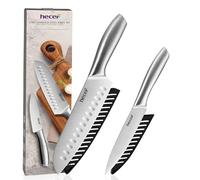 hecef Set de Couteaux de Cuisine 2 Pièces avec Étuis, Manches Creux, Argent | Couteau Cuisine Tranchants en Acier Inoxydable, Santoku 18 cm et Universel 12,7 cm, pour viande et légumes