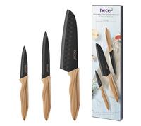 hecef Set de Couteaux de Cuisine 3 Pièces, Lames Antiadhésives Noires | Couteau cuisine acier inoxydable affûté, couteaux santoku, universel et office, manches soft touch imitation bois de mûrier