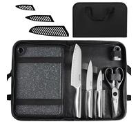 hecef Set de Couteaux de Cuisine avec Planche, Étuis et Sac de Transport | Kit 10-en-1 : 3 couteaux inox avec étuis, planche réversible, affûteur 2 étapes, ciseaux et sac Oxford pour cuisiner partout