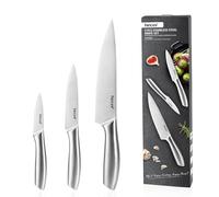 hecef Set de couteaux de cuisine professionnels, Lot de 3 Couteaux (20cm Chef, 13cm Universel, 9cm Office) en acier inoxydable avec Protection de Lame, poignée creuse, Facile à Nettoyer, Argent