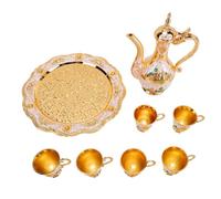 HEEPDD Ensemble de Cafetière Turque avec Plateau à Tasses en Métal, Serveur à Vin Vintage, 6 Pièces, Tasses de 5 Cm, Pot de 20 Cm, Plateau de 24, Collection de Service de thé en (Ensemble blanc doré)