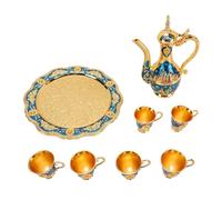 HEEPDD Service à thé Turc Vintage en Alliage de Zinc, Pot de 20 Cm, Tasses de 5 Cm, Plateau de 24, Ensemble de Cafetière à Vin inspiré du Château, 6 Tasses, Pièce de Décoration de (Ensemble bleu or)