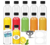 HEFTMAN Lot de 12 mini bouteilles vides en verre avec couvercles de 60 ml pour shots de gingembre avec 3 entonnoirs et étiquettes - Réutilisables, transparents, hermétiques - Idéal pour jus, huiles