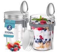 HEFTMAN Lot de 2 bocaux hermétiques en verre, 350ml | avec couvercles et cuillères en acier inoxydable, pots mason pour flocons d'avoine trempés