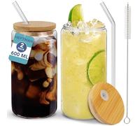 HEFTMAN - Lot de 2 verres en verre avec couvercles et pailles, 600 ml vides avec couvercles en bambou hermétiques, pailles en verre et brosse de nettoyage pour paille, verre à café glacé pour
