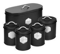 HEFTMAN Lot de 5 boîtes de rangement de cuisine noires | Conteneurs hermétiques et élégantes, pour pain, biscuits, sucre, café, thé, accessoires de cuisine