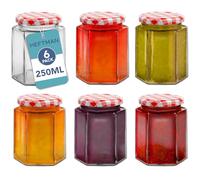 HEFTMAN Lot de 6 petits bocaux en verre avec couvercles hermétiques, 250ml | Bocaux à confiture avec couvercles rouge en gingham, à utiliser comme bocaux conserve, bocal en verre
