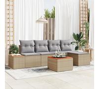 HEFZGDB Ensemble de canapé de jardin 6 pièces avec coussins beige polyrotin acacia, mobilier d'extérieur modulaire pour terrasse, salon résistant aux intempéries avec fonction de rangement et coussins