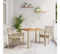 HEFZGDB Ensemble de salle à manger de jardin 3 pièces avec coussins en rotin synthétique beige, table carrée et deux chaises, osier résistant aux UV et bois naturel pour plus de durabilité