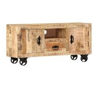HEFZGDB Meuble TV en bois de manguier brut 110 x 30 x 50 cm avec 2 compartiments, 1 tiroir, 1 étagère et 4 roues, style industriel, vintage, meuble d'appoint HiFi, buffet bas