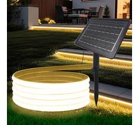 HEGEHE Ruban LED COB Solaire, Bande LED IP65 Etanche Néon Extérieur, 8 modes, Super Lumineux 320 LEDS/M Flexible Bande lumière pour Clôture, Jardin & Cour (Blanc chaud, 5M)