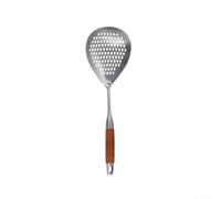 HEIBTENY Écumoire en acier inoxydable, 42,3 x 14,8 x 18,5 cm, poignée en bois, cuillère à fente pour nouilles, pâtes, louche en maille à long manche avec trou de suspension (M)