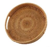 HEIBTENY Plateau rond en rotin tissé à la main avec poignées, panier de rangement rustique pour servir des repas, des boissons, pour ottoman, table basse, table d'appoint (25 cm)