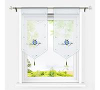 HeichkelL Lot de 2 rideaux brise-bise en voile - Motif chouette - Transparent - Brodés - Avec pompon - Avec cordon de serrage - Panneaux - Vert - 60 x 120 cm