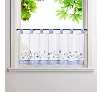 HeichkelL Rideau brise-bise brodé, voile court, bleu, 90 x 45 cm | Rideau court avec passants, rideaux de cuisine pastoraux, style maison de campagne