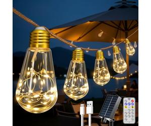 HeiPard LED Guirlande Solaire Lumineuse avec 7.5M/16 S17 Ampoules, 8 Modes & USB-C, IP45 Étanche, Vintage Lumineuses Décoration Extérieure, Blanc Chaud, FêTe, Patio, Jardin, Camping, Festival