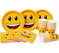 HEKU Lot de 120 pièces jetables avec motif smiley I avec assiettes en carton, gobelets de fête (0,25 l) et serviettes (33 x 33 cm) I Idéal pour les fêtes, les barbecues et les anniversaires