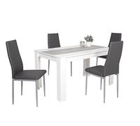 Hela Tische, Lilo Ensemble De Salle À Manger, 5 pièces, En Bois Blanc/Béton, 140 x 80 cm, 4 Chaises En Cuir Synthétique Gris, Piètement En Métal Couleur Aluminium