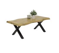 Hela Tische, Table à Bords d'arbre Gerd, Basse, Structure en X en métal Noir, Plateau alvéolaire revêtu de mélamine, décor chêne Sauvage, 110 x 60 cm