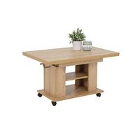 Hela Tische, Table Basse Jakob, Fonctionnelle, avec revêtement en mélamine Aspect Bois de chêne, Hauteur réglable de 51 à 61 cm, Extensible de 90 à 142 cm, sur roulettes