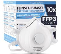 HELDENWERK® Lot de 10 masques FFP3 avec valve - Lot de 5, 10 ou 20 masques respiratoires certifiés avec valve d'expiration - Masques anti-poussière avec sangle arrière réglable