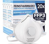 HELDENWERK® Lot de 20 masques FFP3 avec valve - Lot de 5, 10 ou 20 masques respiratoires certifiés avec valve d'expiration - Masques anti-poussière avec sangle arrière réglable
