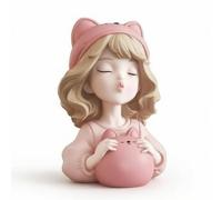 Hellery Figurine Fille Veilleuse Cochon Tirelire Objet Décoratif Ornament Résine Sculpture Originale avec Chevelure Ondulée Fonction Économie d'argent Style, Rose, Fille avec Un Chapeau