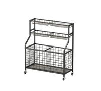 Hellery Rangement Ballon Basket Etagere Organisateur Chariot Mobile Porte Ballon en Metal Noir avec 3 Paniers Roulettes Pivotantes et Crochets Adapté à Maison de Basket