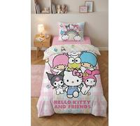 Parure de Lit Hello Kitty and Friends - Housse de Couette Réversible avec Certification Oeko-Tex - Enfant et Ado - 140x200 cm - Design Kawaii Rose et Bleu