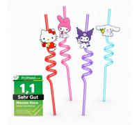Hello Kitty Pailles Réutilisables Enfants - Lot de 4 Pailles Torsadées Sans BPA - Paille en Plastique Alimentaire Colorée - Idéale pour Fête Anniversaire, Noël ou Boissons Glacées