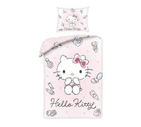 Hello Kitty Parure de Lit Enfant Fille - Housse de Couette Réversible 140x200 cm avec Taie d'oreiller - 100% Polyester Doux - Certifié Oeko-Tex Standard 100 - Motif Maquillage Rose