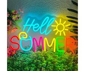 Hello Summer Enseigne Citrons et É léments de Soleil Lumineuse Néon LED | Panneau Lumineux à Intensité Variable et Alimentation USB pour Décoration Murale Bar Salle de Jeux Cave Fête D'été à la Plage