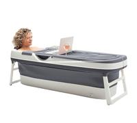 HelloBath® Baignoire Pliable XXL 157x60x48 cm pour Adultes | Baignoire Portable avec Coussin de Bain, Sac de Rangement, Lampe LED & Rouleaux Massage | Mobile pour Douche & Extérieur | Gris Foncé