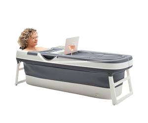 HelloBath® Baignoire Pliable XXL 157x60x48 cm pour Adultes | Baignoire Portable avec Coussin de Bain, Sac de Rangement, Lampe LED & Rouleaux Massage | Mobile pour Douche & Extérieur | Gris Foncé