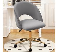 Hellove Chaise Coiffeuse, Fauteuil de Maquillage Pivotant Réglable, Gris | Fauteuil de Maquillage en Velours Gris, Chaise Rembourrée avec Dossier et Base Métallique Dorée, pour Chambre