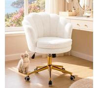 Hellove Chaise Coiffeuse Pivotante - Chaise Pétale/Coquillage en Sherpa Blanc avec roulettes, Fauteuil Coiffeuse Hauteur Réglable, Base Métallique Dorée - pour Salon, Bureau, Chambre