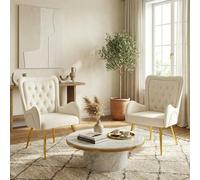 Hellove Lot de 2 Fauteuil Salon avec Gold Métal Pied, Français Chaises Scandinaves Fauteuil, Chaise Coiffeuse Moderne en PU Cuir pour Salle à Manger, Salon Chambre Siege Bureau Allaitement, Beige