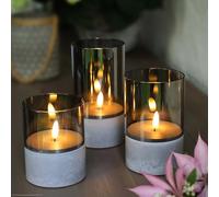 Hellum Bougies LED sans flamme, set de 3 avec minuterie 6 h, flamme vacillante, intérieur/extérieur, gris, Ø 8 cm H 10/12,5/15 cm, verre fumé & socle effet béton avec piles 6xAA (non incl.) 151992