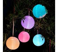 Hellum Lampions d'extérieur résistants aux intempéries, par piles, lot de 5 avec LED multicolores et télécommande: 2xØ25cm, 3xØ20cm, différentes fonctions, lanternes d'extérieur pour le jardin 150964