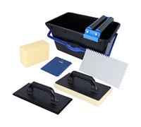 Helpmate Kit de Lavage de carrelage 7 pièces Seau en Plastique de 18 litres -Support à roulettes Double, Planche à Laver Le carrelage & à jointoyer, truelle, éponge - Made in Germany, 44,5x28x23,2 cm