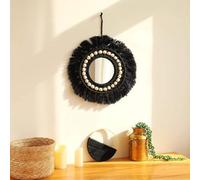 Hemasa Miroir Mural Rond en Macramé avec Perles en Bois Noir M01030