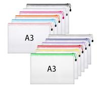Hemiks 12 Pièces Pochette Document Zippée A3, 12 Couleurs, avec Étiquettes | PVC Pochette Plastique Imperméable, Translucide Mesh Zipper, pour Rangement Documents Dessins Fourniture Scolaire Bureau