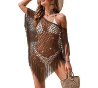HEMNACU Poncho col châle en filet à franges Y2K transparent décolleté châle de plage couverture de bain Poncho pour femme Tissu A crochet avec paillettes Épaule dénudée Transparent, Café, M